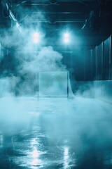 A hockey goal in a foggy ice rink. Suitable for sports-related designs and marketing materials