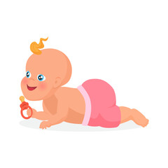 Newborn baby in pink diaper crawling with curiosity, infant kid holding pacifier vector illustration