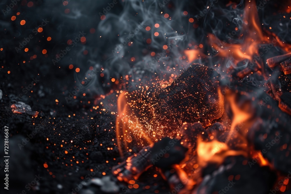 Poster a close up view of a fire with sparks flying. this image can be used to depict warmth, energy, or da