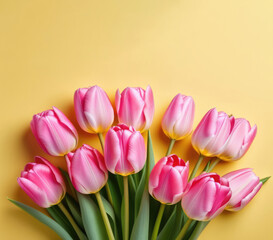 Obraz premium Bouquet of pink tulips on yellow background, top view
