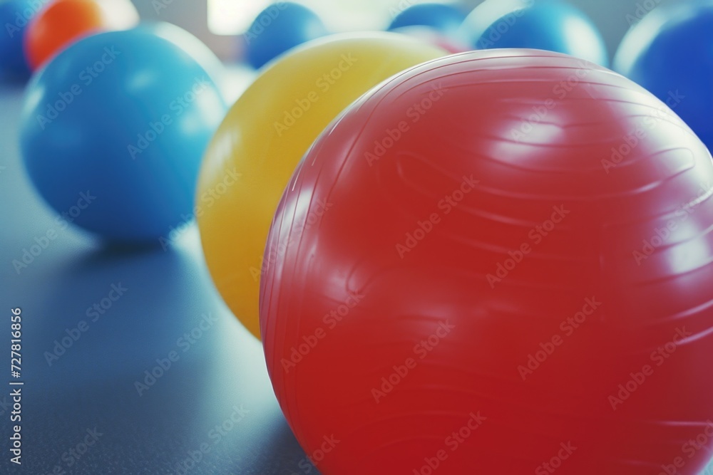 Poster Colorful balls arranged neatly on a table. Perfect for adding a pop of color to any design or project