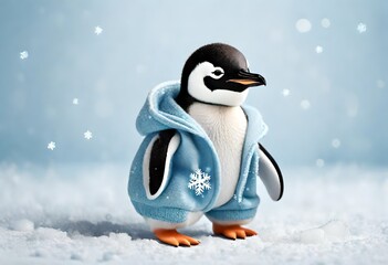 Picture a penguin chick in an icy blue coat in winter 