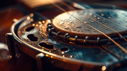A close-up view of a guitar with water droplets on its surface. This image can be used to depict the beauty of music instruments and the artistic appeal of water droplets.