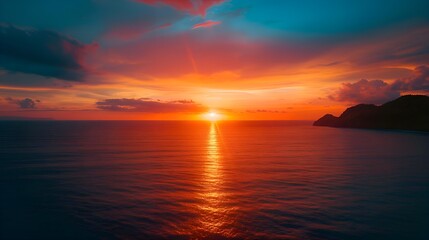Vibrant Sunset Overlooking the Tranquil Sea with Rocky Island Silhouette