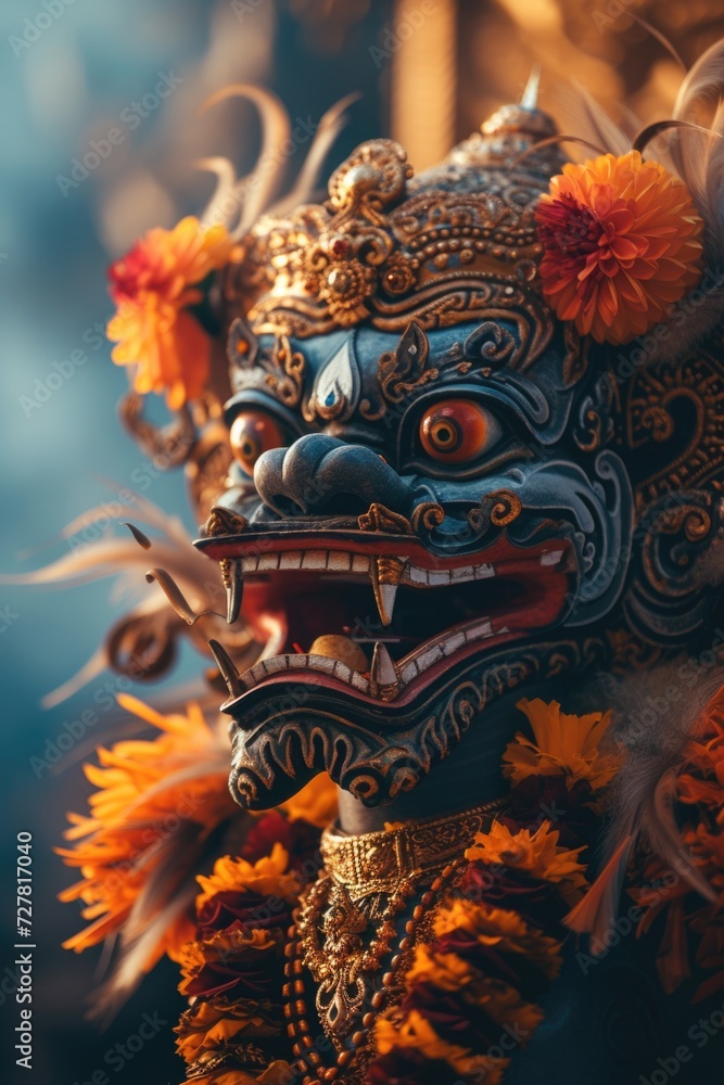 Poster a close-up view of a mask adorned with delicate flowers. perfect for adding a touch of elegance and 