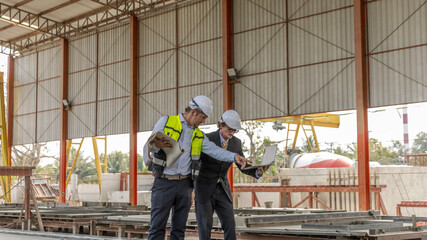 Two engineers from different cultures work closely together to conduct qualify control for their readymade floor or wall in a factory