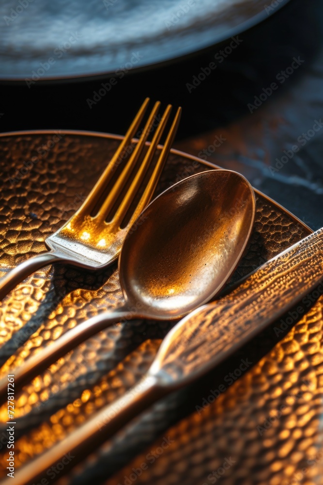 Poster a close up of a plate with a fork and a spoon. perfect for restaurant menus or food-related designs
