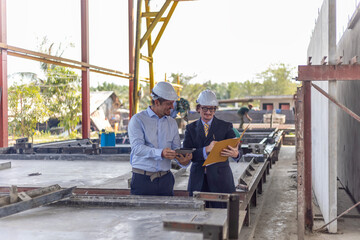 Factory owner discusses with his engineer to design for a new construction product. Supervisor...
