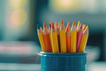 A blue cup filled with a variety of vibrant colored pencils. Perfect for creative projects and art supplies
