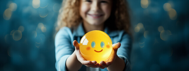 A young girl hand holding a radiant ball of positivity, her face beaming with happiness. Mental health and wellbeing positive environment Concept. Generative AI.