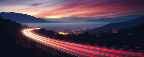 Obraz premium blurred traffic background banner at night with mountain view