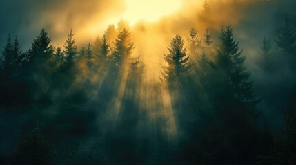Misty Forest Sunrise. Golden sunrise rays filter through the mist in a dense forest. Resplendent.