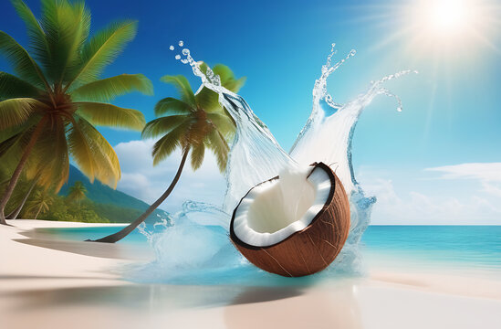 Half a coconut and splashes of water on the beach against the backdrop of the sea, sky and palm trees, photograph