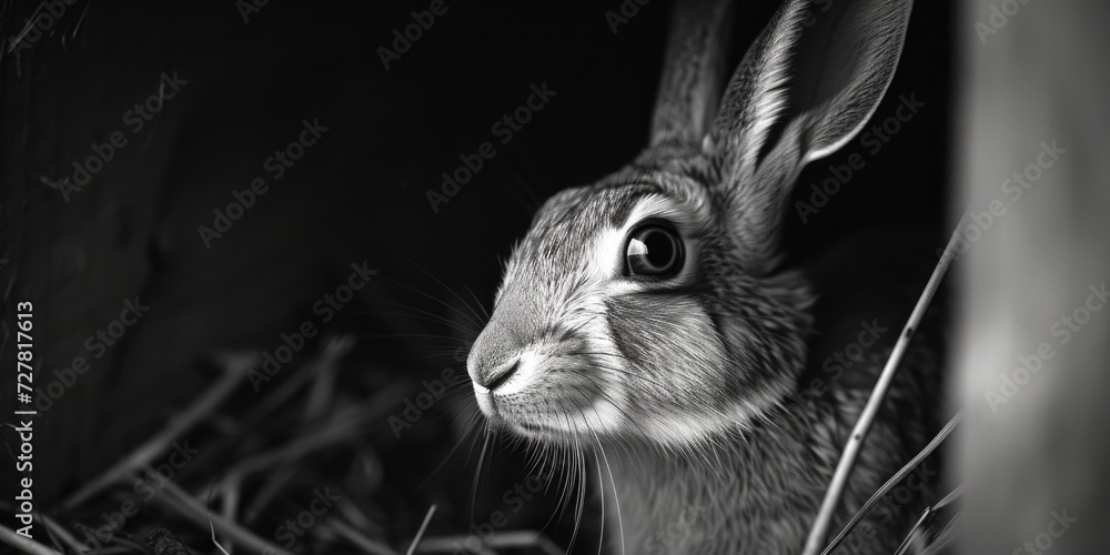 Poster a black and white photo of a rabbit. suitable for various uses