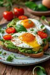 Fototapeta na wymiar A delicious breakfast plate featuring a perfectly cooked egg on top of a slice of avocado toast. This picture can be used to showcase a healthy and appetizing breakfast option
