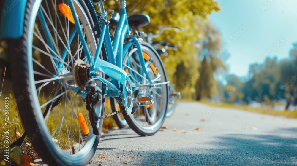 Poster a close-up view of a blue bicycle parked on the side of a road. suitable for various applications