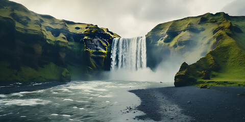 Skogafoss waterfall, Iceland. Panoramic view. - obrazy, fototapety, plakaty
