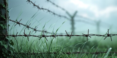 A picture of a barbed wire fence in a peaceful grassy field. Suitable for illustrating concepts such as boundaries, security, or rural landscapes