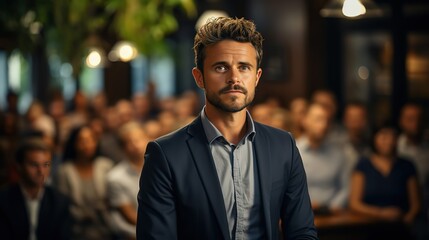 Obraz premium Confident businessman standing before an audience ready to deliver a powerful presentation