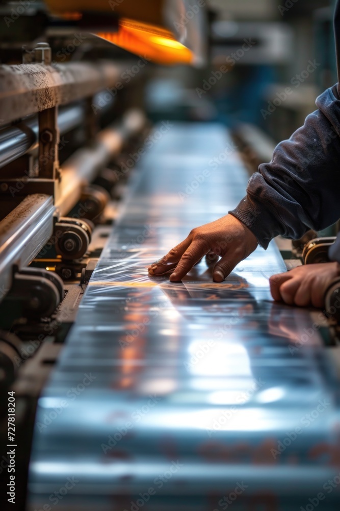 Aufkleber A man is seen working on a machine in a factory. This image can be used to showcase industrial processes and manufacturing operations