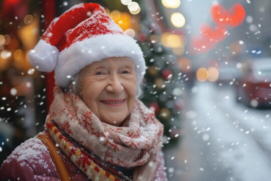 An older woman is pictured wearing a festive Santa hat and scarf. This image can be used to depict the holiday season and the joy of Christmas