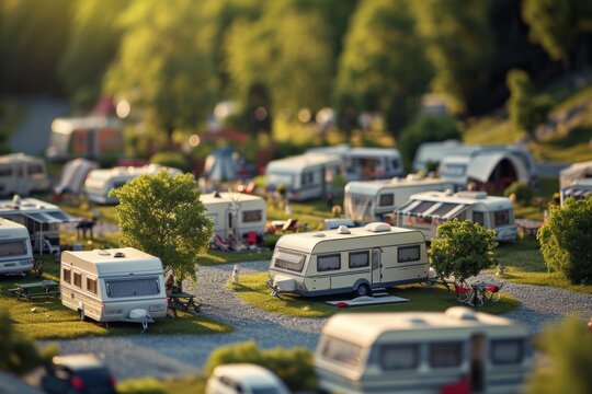 A collection of recreational vehicles parked in a spacious parking lot. Ideal for travel and camping-related projects