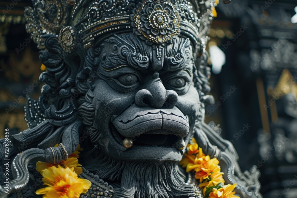 Poster A close up photograph of a statue with flowers surrounding it. Perfect for adding a touch of elegance and beauty to any project