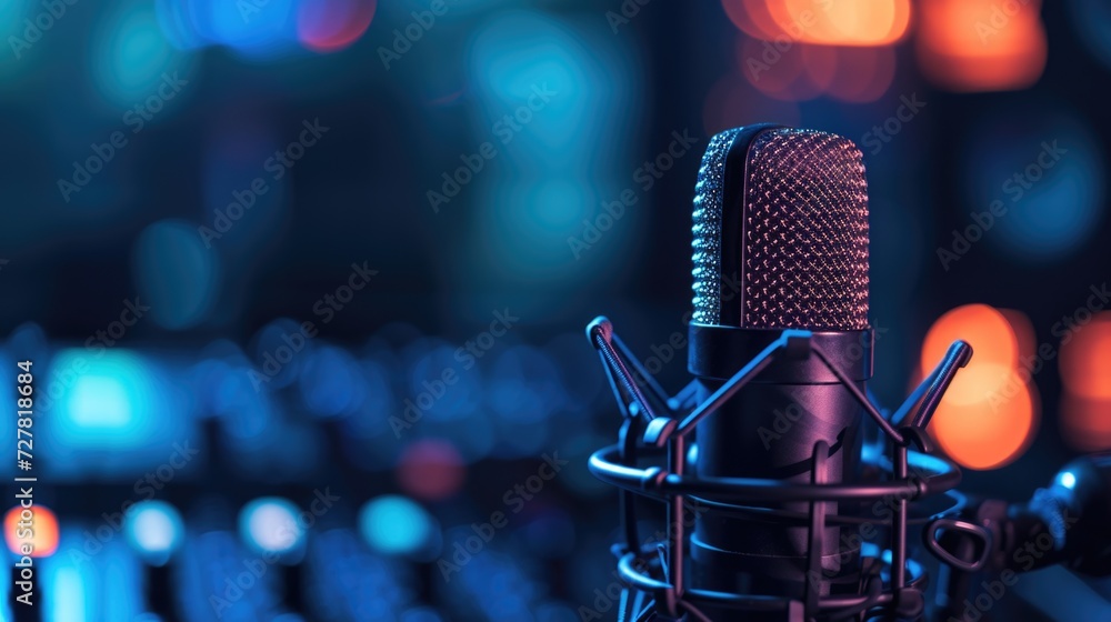 Poster A microphone in a recording studio with a blurry background. Suitable for music production, podcasting, and voice recording