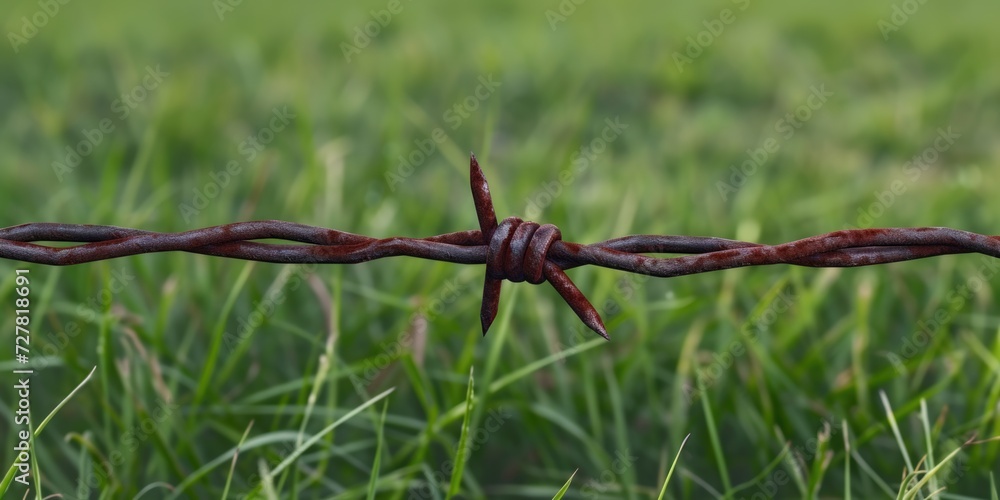 Poster Barbed wire in a field, suitable for security or boundary concepts