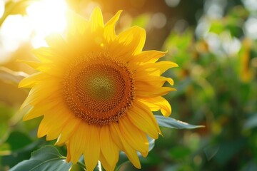 Fototapeta premium A vibrant sunflower with the sun shining behind it. Perfect for nature and summer-themed designs
