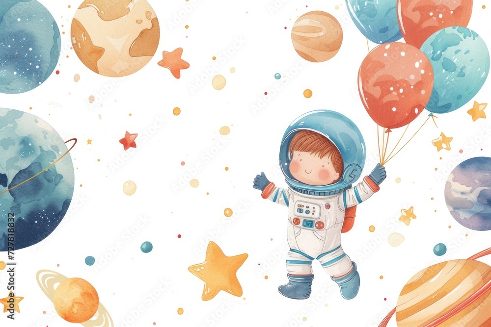 Poster a child in a space suit flying through the air. suitable for space-themed designs and concepts