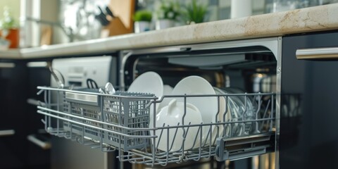 A dishwasher filled with dishes ready to be cleaned. Ideal for illustrating household chores or kitchen organization