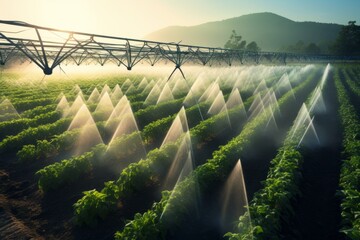 Irrigation system in function watering agricultural plants - obrazy, fototapety, plakaty