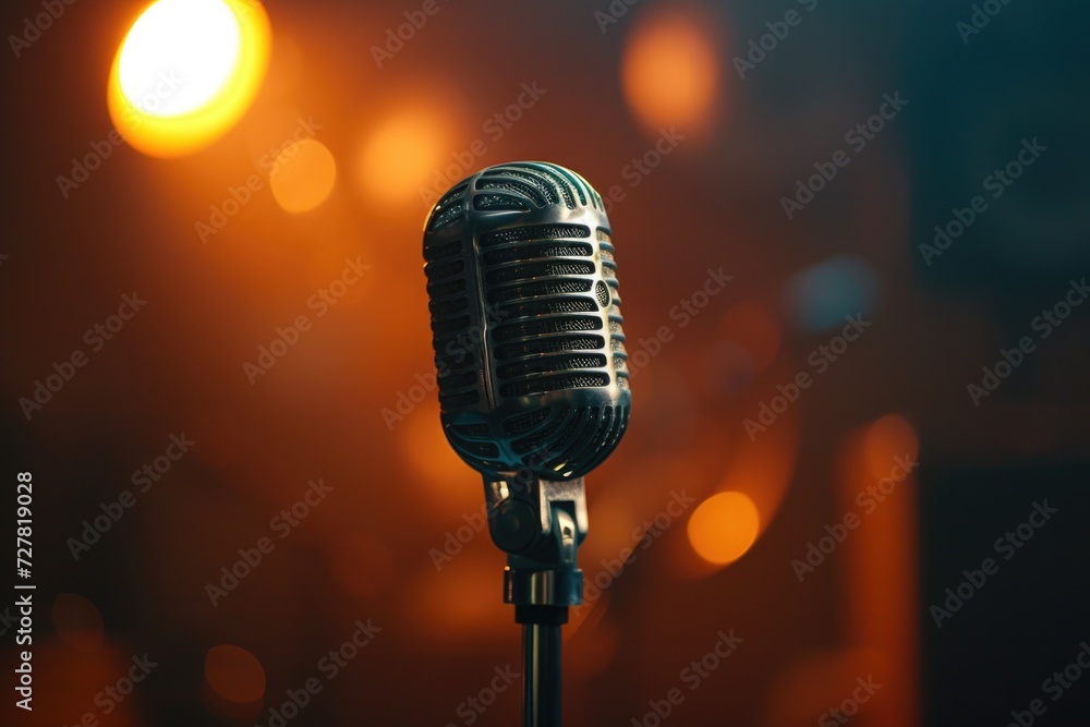 Poster A close-up view of a microphone with vibrant lights in the background. This image can be used to represent live performances, music events, or public speaking engagements