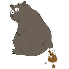 Pooping Bear cub isolated white background. Weird design t-shirt print with animal and excrement character. Clean after you animal concept. Vector illustration. EPS 10 Editable stroke