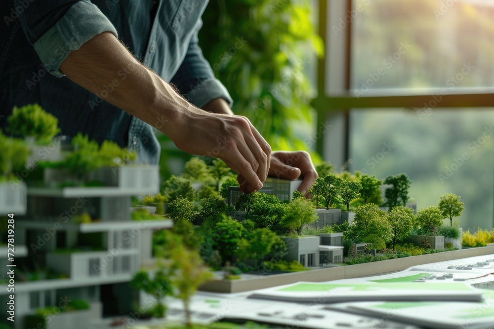 Poster A man is diligently working on a model of a building. This image can be used to showcase architectural design, construction, or engineering concepts