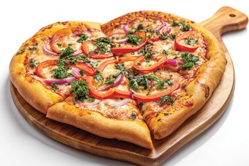 Heart shaped Margherita Pizza on a wooden plate