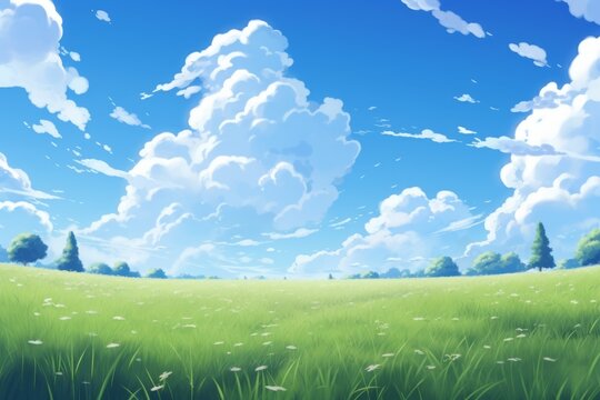 Beautiful grassy fields and summer blue sky with fluffy white clouds in the wind. Anime Background