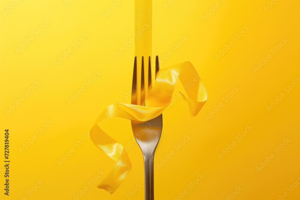 Poster A fork with a yellow ribbon tied around the handle. Can be used for various occasions and themes