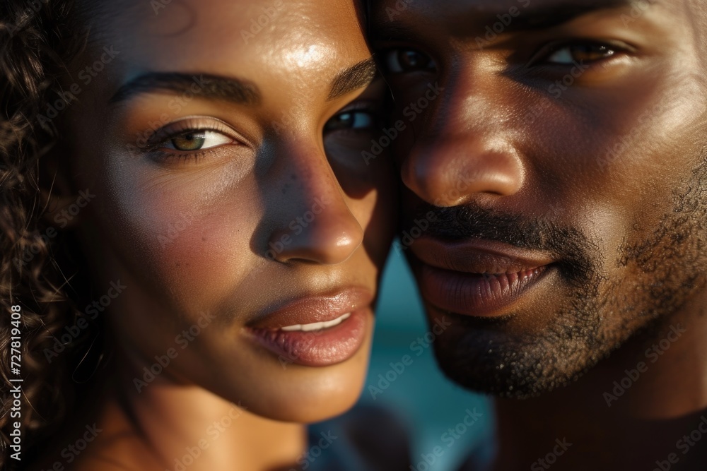 Poster a close-up photograph capturing the faces of a man and a woman. ideal for use in relationship, love,