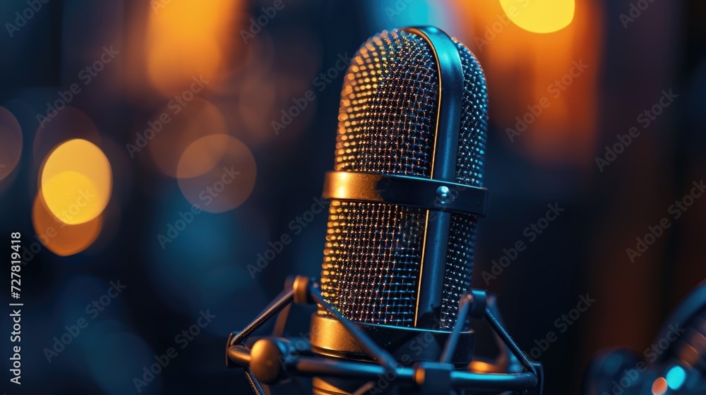 Poster a detailed shot of a microphone with a blurred background. suitable for various uses