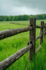 A simple wooden fence standing in the middle of a beautiful grassy field. Perfect for depicting rural landscapes and nature scenes
