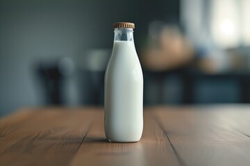 A bottle of milk sits on a wooden table. Suitable for food and beverage concepts