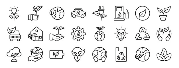 set of 24 outline web eco friendly icons such as eco bulb, plant, ecology, eco car, green power, biofuel, friendly vector icons for report, presentation, diagram, web design, mobile app