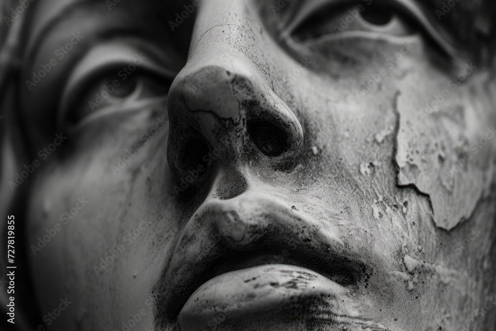 Poster a detailed view of a statue depicting the face of a woman. this image can be used for various purpos