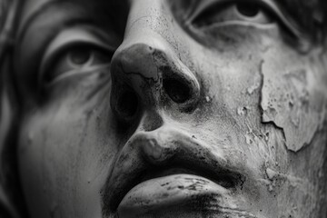 A detailed view of a statue depicting the face of a woman. This image can be used for various purposes