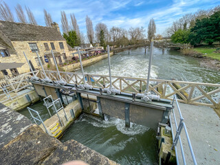 Oxford, United Kingdom - 28 Jan, 2024: Godstow weir next to Port Meadow in north of Oxford. The themes.