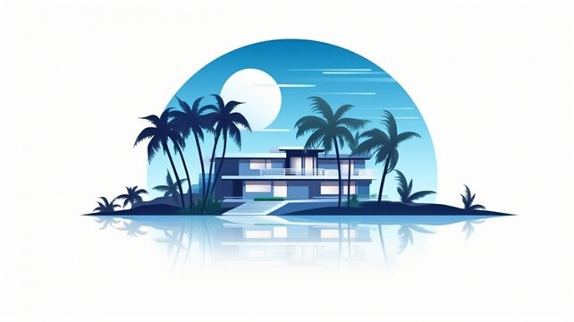 House modern hotel design with palm trees and beach vacation on white background. Beauty view house building moonlight day logo design