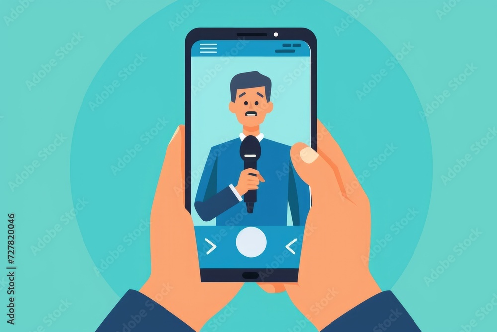 Poster A person is holding a cell phone with a man displayed on the screen. This image can be used to illustrate communication, technology, or social media concepts