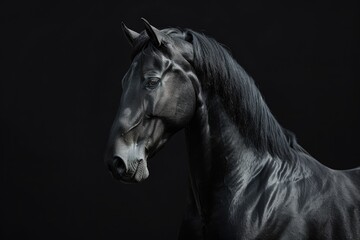 A black horse standing in a dark room. Suitable for equestrian themes or mysterious settings